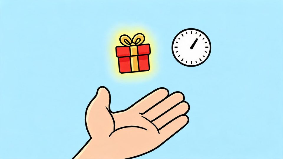 Illustration of a single glowing gift-box token floating above an open hand, with a small counter dial in the background