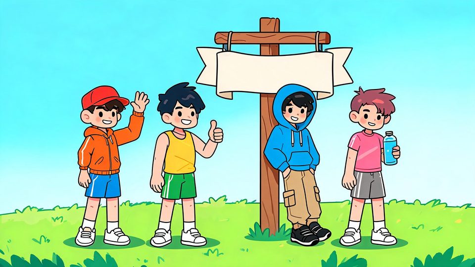 Illustration of a small group of stylised trainer figures gathered around a signpost carrying a game emblem banner