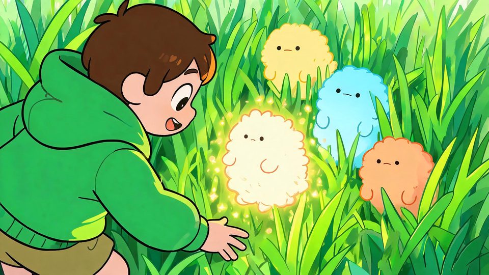 Illustration of a trainer figure crouched in tall grass reaching toward one glowing, shimmering creature among several plain-coloured ones